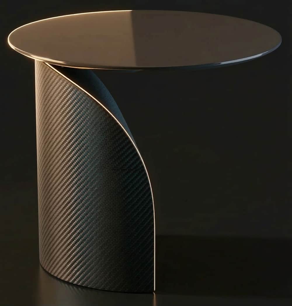 Bespoke superyacht side table Helix — carbon fibre sculpture art by FORMARE